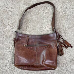 Diba True Purse Brown Leather Shoulder Bag Tassel Bohemian Bronze Bucket Hobo